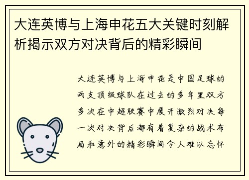 大连英博与上海申花五大关键时刻解析揭示双方对决背后的精彩瞬间
